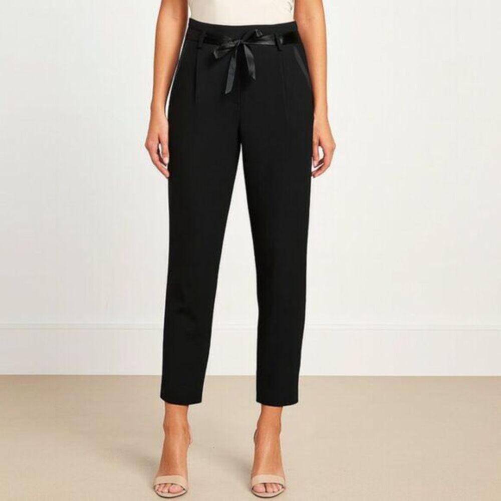 The‎ Kooples Leather Trim Cropped Pants Women's Large Black Tailored Work Wool
